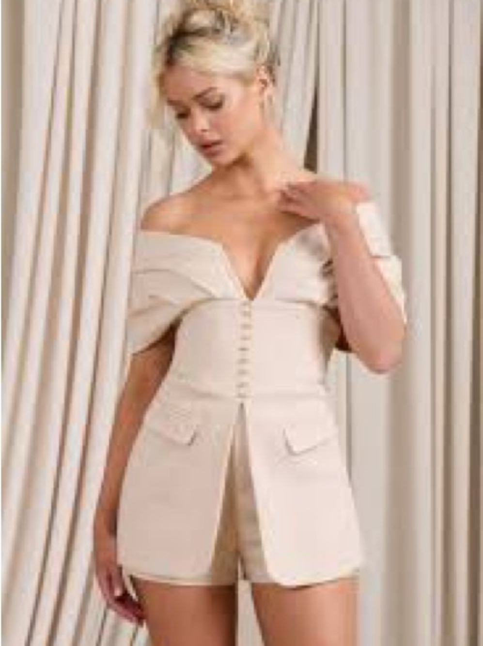 Off-Shoulder Cream Romper with Corset Detail
